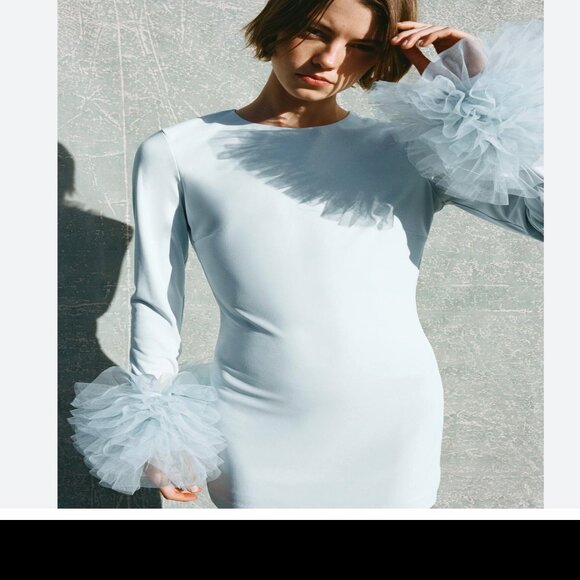 Zara Womens Mini Dress M Medium Pale Blue Ruffle Sleeve Trimmed 4772/331 NWT - Picture 2 of 16